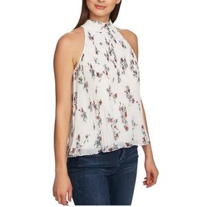 1.STATE FLORAL-PRINT PLEATED HALTER TOP SLEEVELESS COLLARLESS CREAM COLOR SIZE M